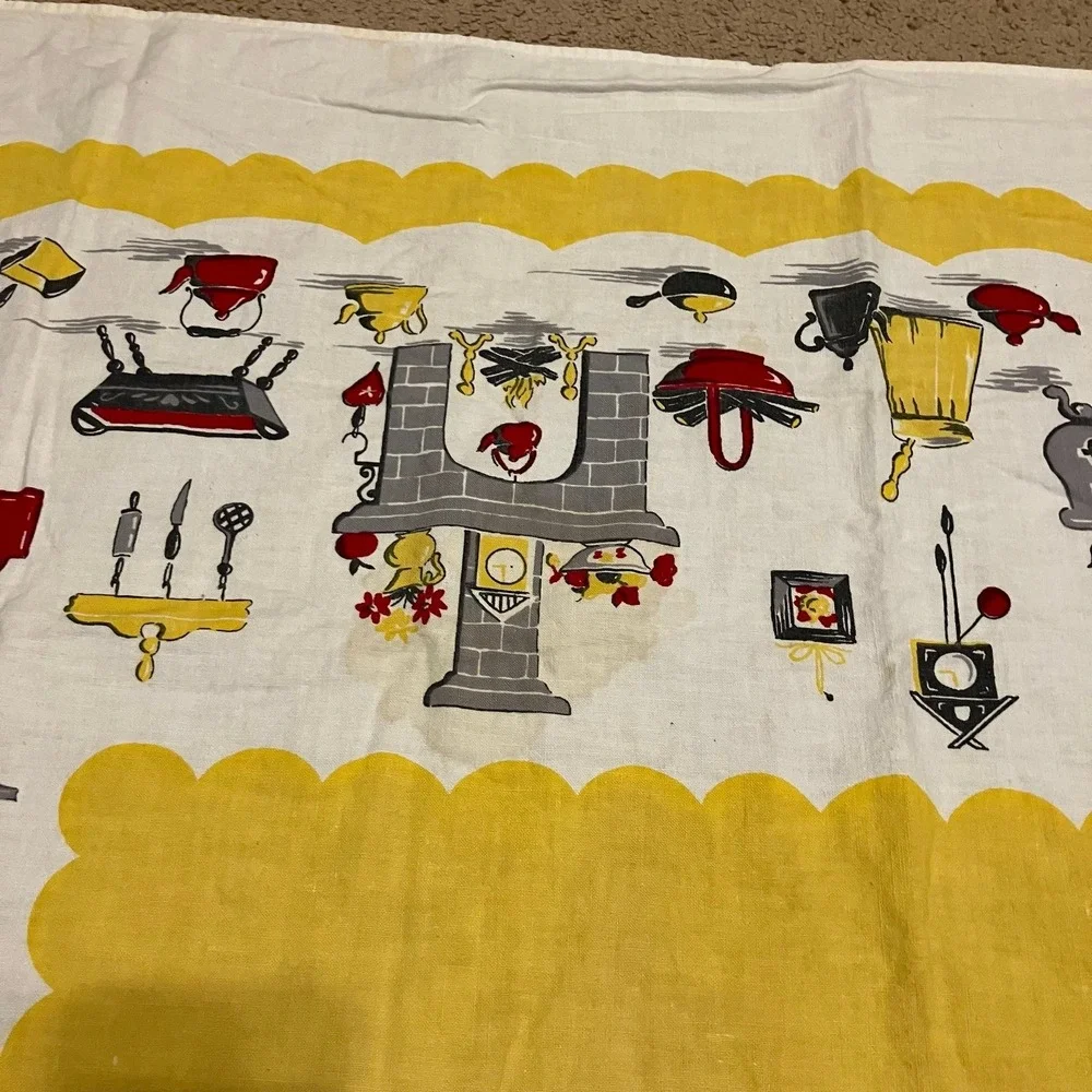 Vtg 1960s Country Kitchen Tablecloth Yellow Stove Utensils Kettle 46x46